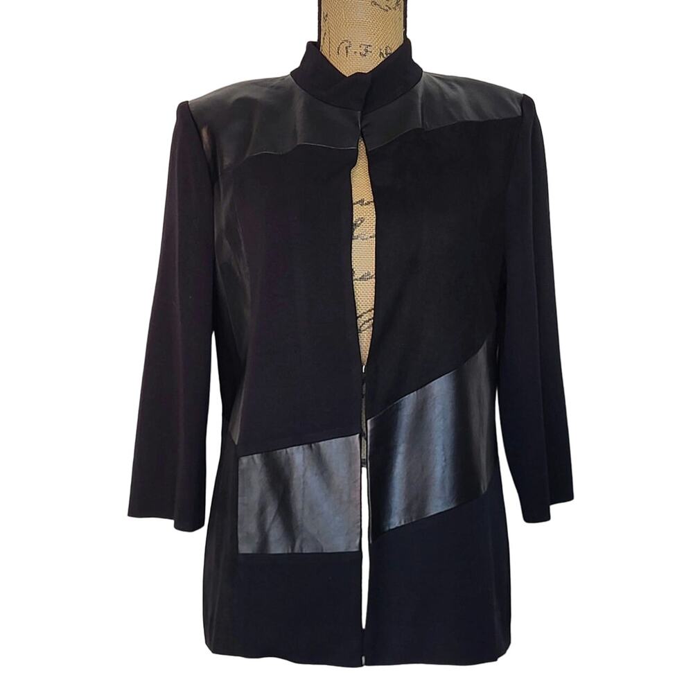 Misook Minimalist Jersey Knit Faux Leather Blazer Jacket 3/4 Sleeve Size Small